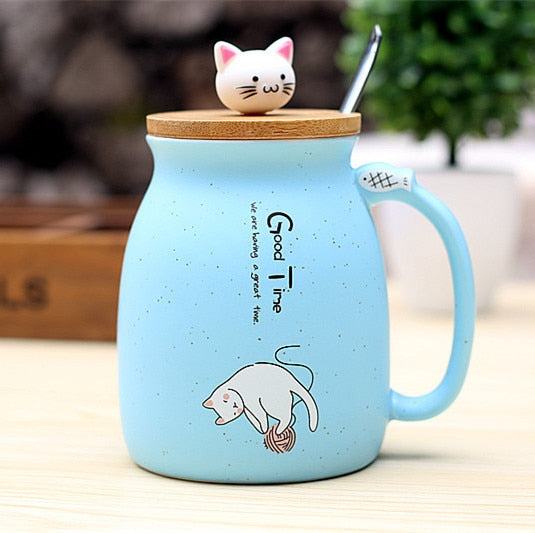 Ceramic Cat Mug With Lid & Spoon