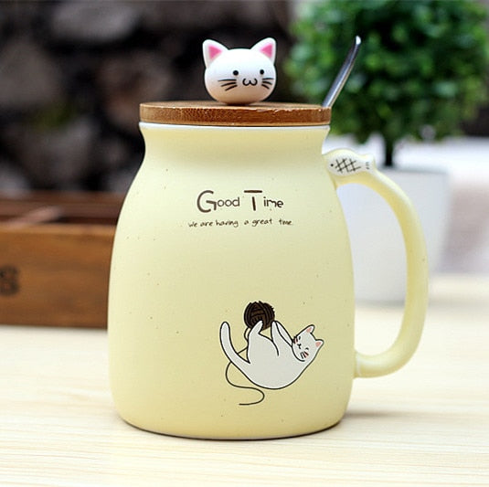 Ceramic Cat Mug With Lid & Spoon