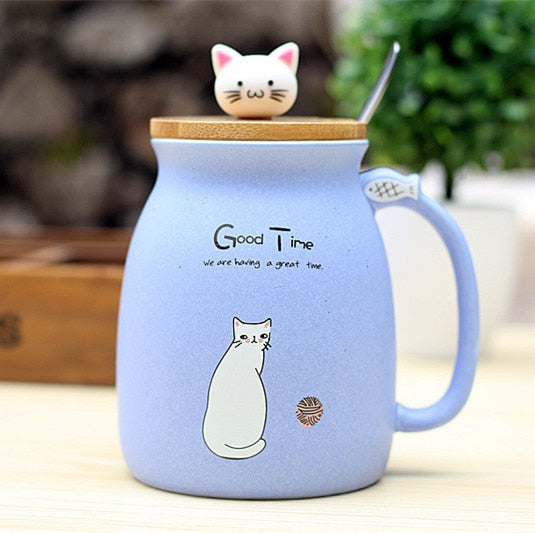 Ceramic Cat Mug With Lid & Spoon